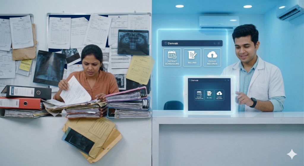 Split view showing paper record chaos on the left versus Denvak digital dashboard with patient scheduling, billing and cloud records on the right