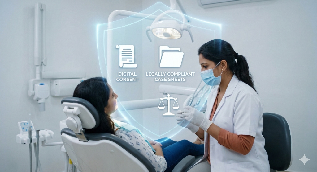 Dentist consulting patient with digital consent and legally compliant case sheets displayed as a protective shield
