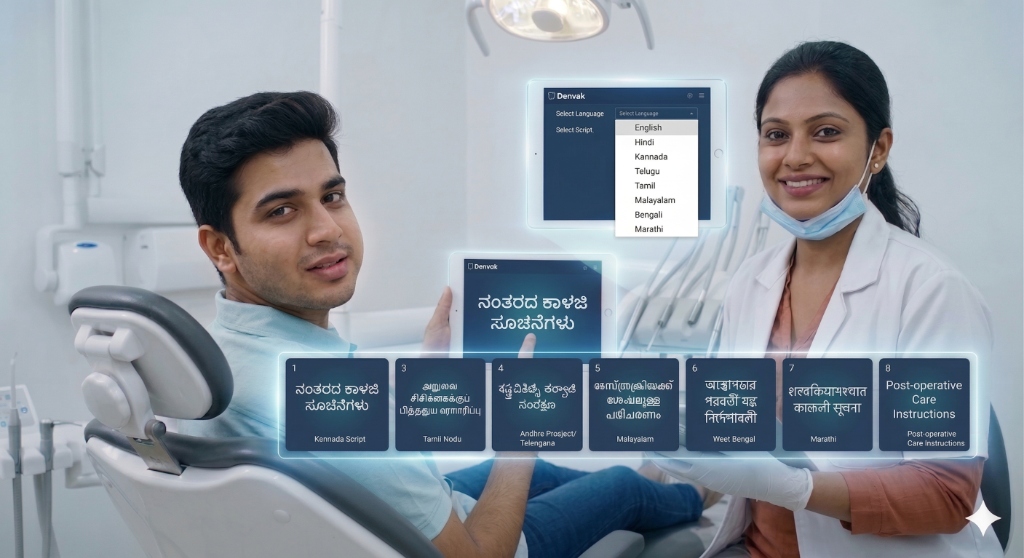 Doctor and patient viewing Denvak app showing multilingual post-operative care instructions in 8 Indian languages including Kannada, Tamil, Telugu, Malayalam, Marathi and more
